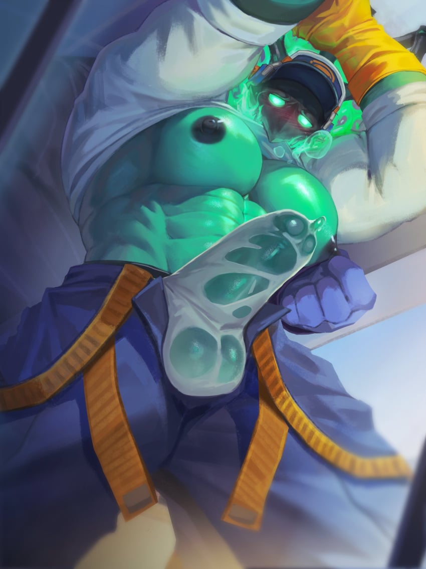 abs balls bara bara_tiddies bara_tits below_view big_pecs blush bottomwear clothing electronics erect_penis erection erection_under_clothes gay genitals gloves handwear hat headgear headphones headwear janitor_thresh kult2k league_of_legends looking_at_viewer male male_focus male_only muscular muscular_male nipples pants pecs penis_visible_through_pants shirt shirt_lift solo the_grind_series thresh topwear underwear