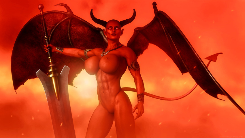 1girls 3d abs armband balakir bald bare_shoulders batwings big_breasts bracer busty cleavage curvy demon demon_girl detailed_background erect_nipple erect_nipples eyelashes female female_only front_view glowing_eyes holding_object horn hourglass_figure humanoid looking_at_viewer muscles muscular muscular_female nail_polish naked necklace nose_piercing nude original_character outdoor outside piercing pose posing red_eyes red_skin shaved_pussy shiny shiny_skin solo spread_legs spreading standing succubus sword tail thick_thighs thumb_ring voluptuous weapon wide_hips wings