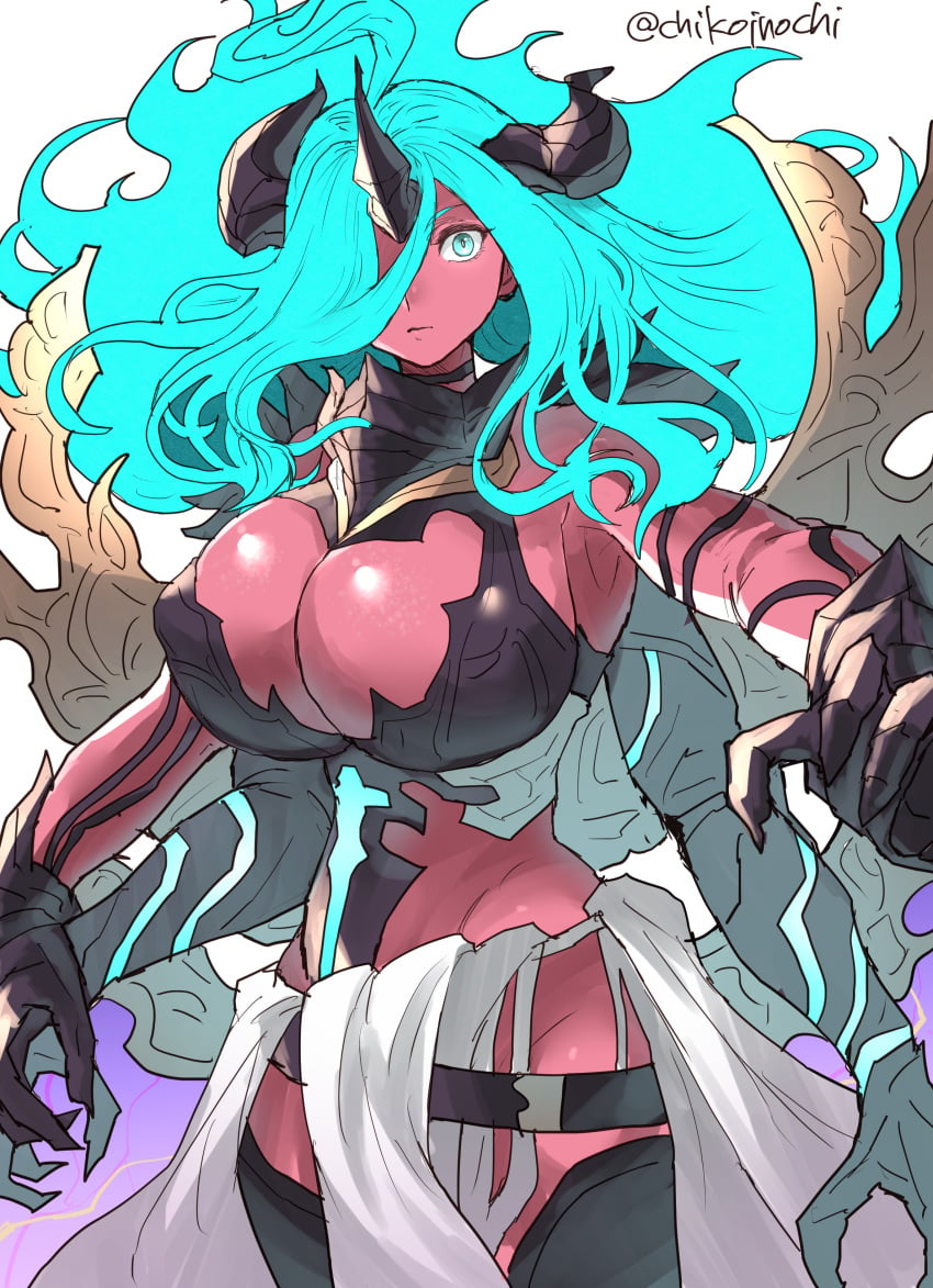 1girls 4_arms alternate_breast_size armor artist_name belt bikini_armor blue_eye blue_hair breasts chikoinochi cleavage female female_only gauntlets goddess goddess_of_destruction granblue_fantasy granblue_fantasy_versus hair_over_one_eye huge_breasts looking_at_viewer monster_girl one_eye_obstructed red-skinned_female red_skin skirt solo tattoos versusia_(granblue_fantasy)