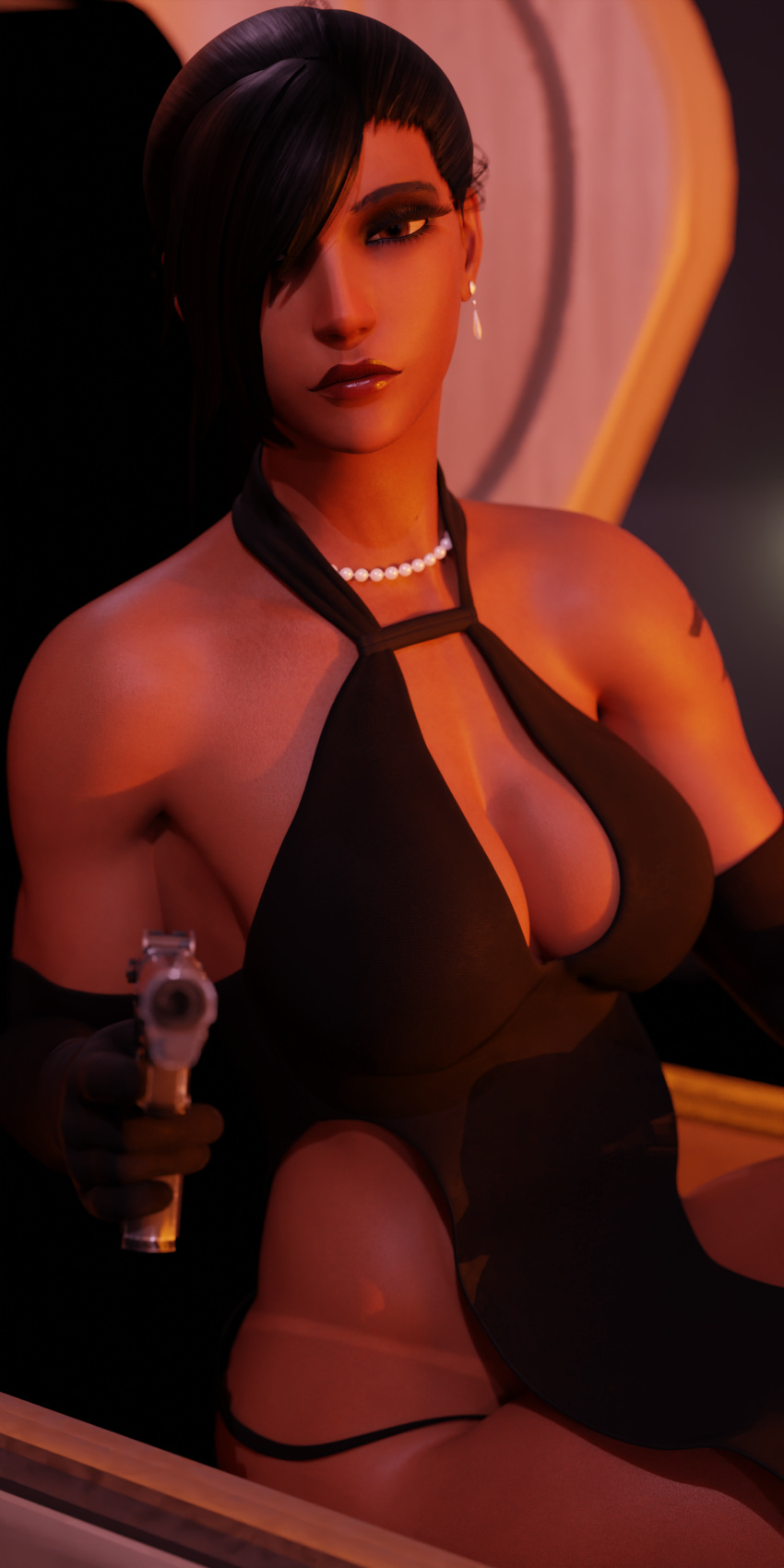 1girls 3d big_breasts black_dress black_gloves black_hair blender blender_(software) blender_cycles breasts brown_eyes cleavage dommorama dress earrings eyeshadow fancy_clothing female female_focus female_only fire_light firearm firelight gloves gun hair_over_one_eye handgun holding_gun holding_object holding_pistol jewelry large_breasts lipstick long_gloves looking_at_viewer muscular nonchalant overwatch overwatch_2 panties pearl_necklace pharah pistol pointing_gun pointing_weapon ponytail pov pov_eye_contact safe_for_work sfw sitting sitting_on_chair straight_face tanline tanlines tanned tanned_female tanned_girl tanned_skin tattoo threatening unamused viewer_pov weapon well_dressed