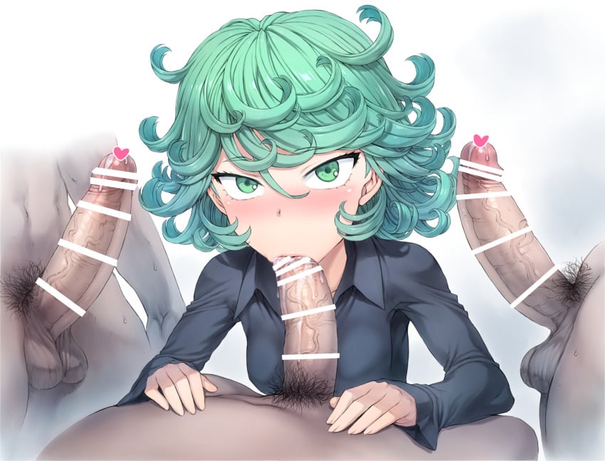 1girls 3boys :>= balls big_penis blowbang blowjob blowjob_face censored cum cum_in_mouth cum_leaking_out_of_mouth female foreskin green_eyes green_hair mogudan mouth_full_of_cock mouth_full_of_cum penis precum pubic_hair surprised tatsumaki