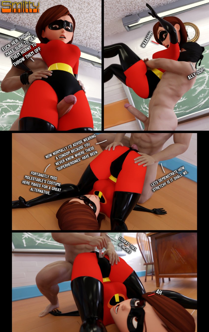 1boy 1girls anonymous_character anonymous_male balls big_balls big_penis brown_hair comic comic_page comic_panel disney elastigirl faceless_character faceless_male helen_parr huge_cock large_penis lifting lifting_person mask masked masked_female penis penis_in_thighhighs penis_on_thigh pixar short_hair short_hair_female smitty34 superhero superheroine tagme testicles the_incredibles