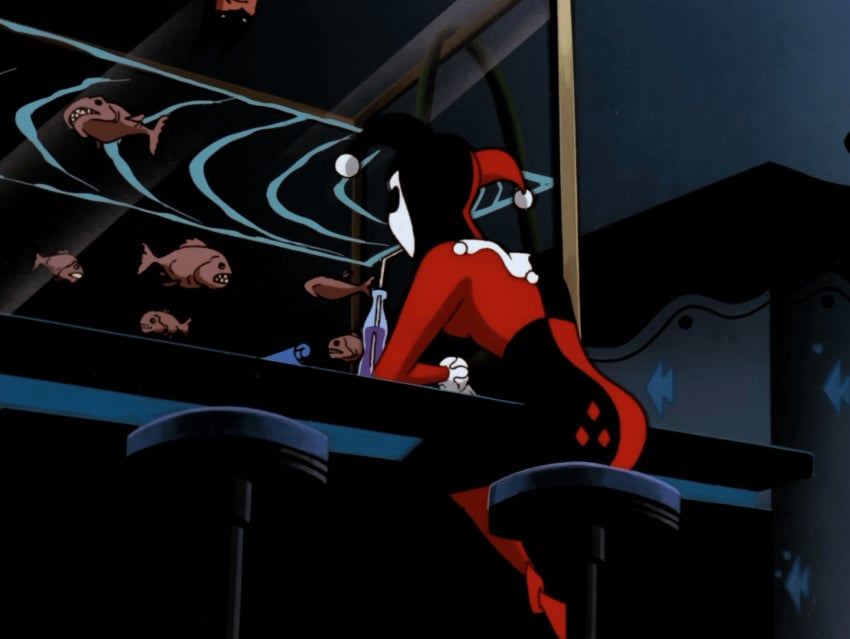 ambiguous_penetration animated aquarium ass_expansion backboob bar_stool batman:_the_animated_series batman_(series) bottle breast_expansion breasts cartoon_network dc dc_comics dcau drinking edit facepaint female fish flag harley_quinn harley_quinn_(classic) hat human indoors inside jester_cap jester_hat jester_outfit piranha ripped_clothing ripped_pants ripped_shirt screenshot screenshot_edit sideboob sitting sitting_on_chair stool straw yetig