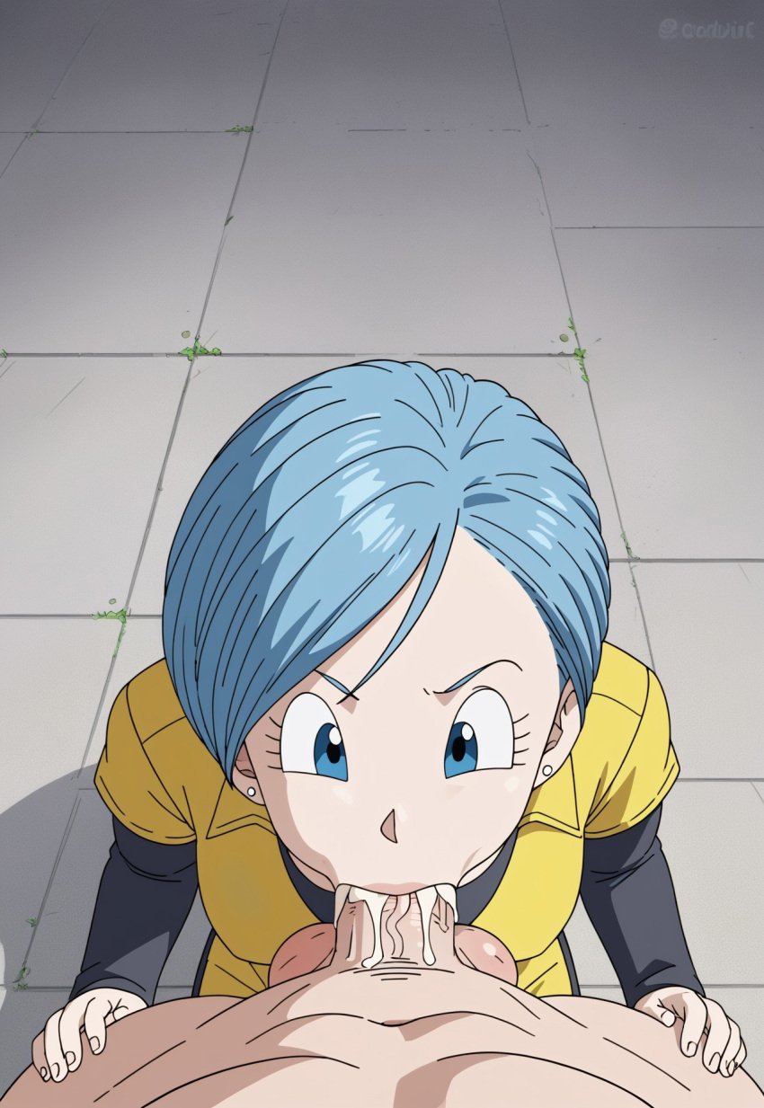 1boy ai_generated big_breasts blowjob blue_eyes blue_hair bodysuit bulma_briefs bulma_briefs_(dragon_ball_super_superhero) civitai cum cum_on_penis deep_blowjob deepthroat dragon_ball dragon_ball_super dragon_ball_super_super_hero face_fucking fellatio female huge_cock jumpsuit kneeling large_breasts penis pov pov_blowjob short_hair son_goku yellow_jumpsuit