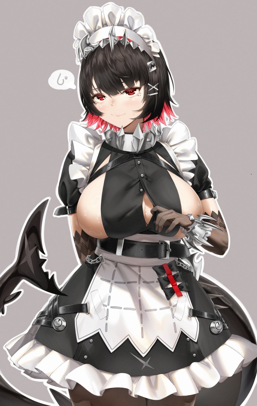 1girls absurdres arms_behind_back black_gloves black_hair breasts clothed clothing colored_inner_hair elbow_gloves ellen_joe female female_only fins fish_tail frilled_wristband gloves hair_ornament highres hoyoverse inviting large_breasts light-skinned_female light_skin looking_at_viewer maid maid_headdress metal_hairband mihoyo mole mole_under_eye multicolored_hair open_clothes paizuri_invitation pantyhose pixel_(yuxian) red_eyes red_hair red_nails scar_on_tail seductive shark_girl shark_tail short_hair sideboob simple_background solo spiked_headband tail tempting zenless_zone_zero