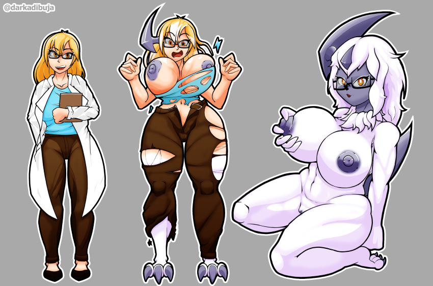 absol absurd_res anthro ass big_breasts blonde_hair breast_expansion breasts butt_expansion dark_nipples darkadibuja expansion female generation_3_pokemon hair hi_res horn human humanoid mammal nintendo nipples pokemon pokemon_(species) solo thick_thighs transformation