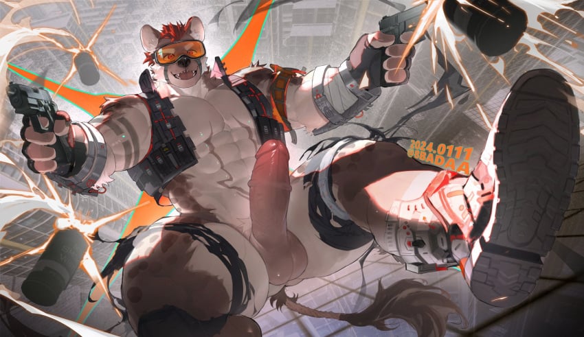 8badaa abs anthro balls biceps black_body black_fur bottomwear city clothing coooooooooob_(character) erection eyewear fingerless_gloves footwear foreskin fur genitals gloves goggles gun hair handgun handwear hi_res high-angle_view holding_gun holding_handgun holding_object holding_pistol holding_ranged_weapon holding_weapon humanoid_genitalia humanoid_penis hyena male mammal multicolored_body open_mouth open_smile pecs penis pistol ranged_weapon red_hair retracted_foreskin shoes shorts signature smile sneakers solo suspension torn_bottomwear torn_clothing torn_shorts two_tone_body weapon white_body white_fur