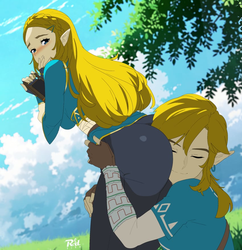 2people ass_focus ass_worship blonde_female blonde_hair blue_eyes blue_outfit blush breath_of_the_wild closed_eyes clothing elf_ears face_in_ass hair_pin hand_on_ass hand_on_hip hugging_ass hylian leather_pants light-skinned_female light-skinned_male light_skin link link_(breath_of_the_wild) looking_down nintendo outdoors princess_zelda r3dfive teenager the_legend_of_zelda the_legend_of_zelda:_breath_of_the_wild thick_ass zelda_(breath_of_the_wild)