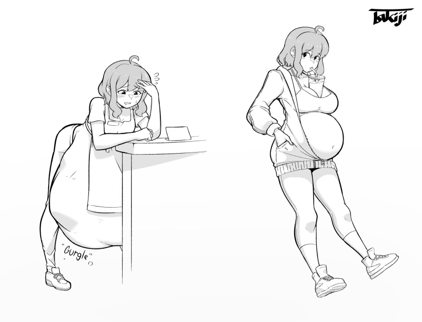 1girls ambiguous_prey apron belly big_breasts boba_tea clothing digestion digestion_noises gurgle huge_belly leaning_on_table object_between_breasts onomatopoeia oral_vore same_size_vore sketch tsukiji vore weight_gain