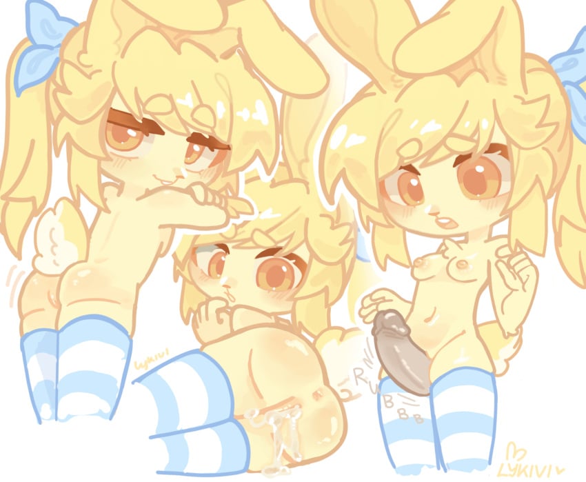 anthro ass bunny_ears bunny_girl bunny_tail chibi cum_in_pussy gacha gacha_club gacha_heat gacha_life gacha_life_2 lykivi ponytail striped_socks surprised thigh_sex thighhighs yellow_body yellow_eyes yellow_fur yellow_hair