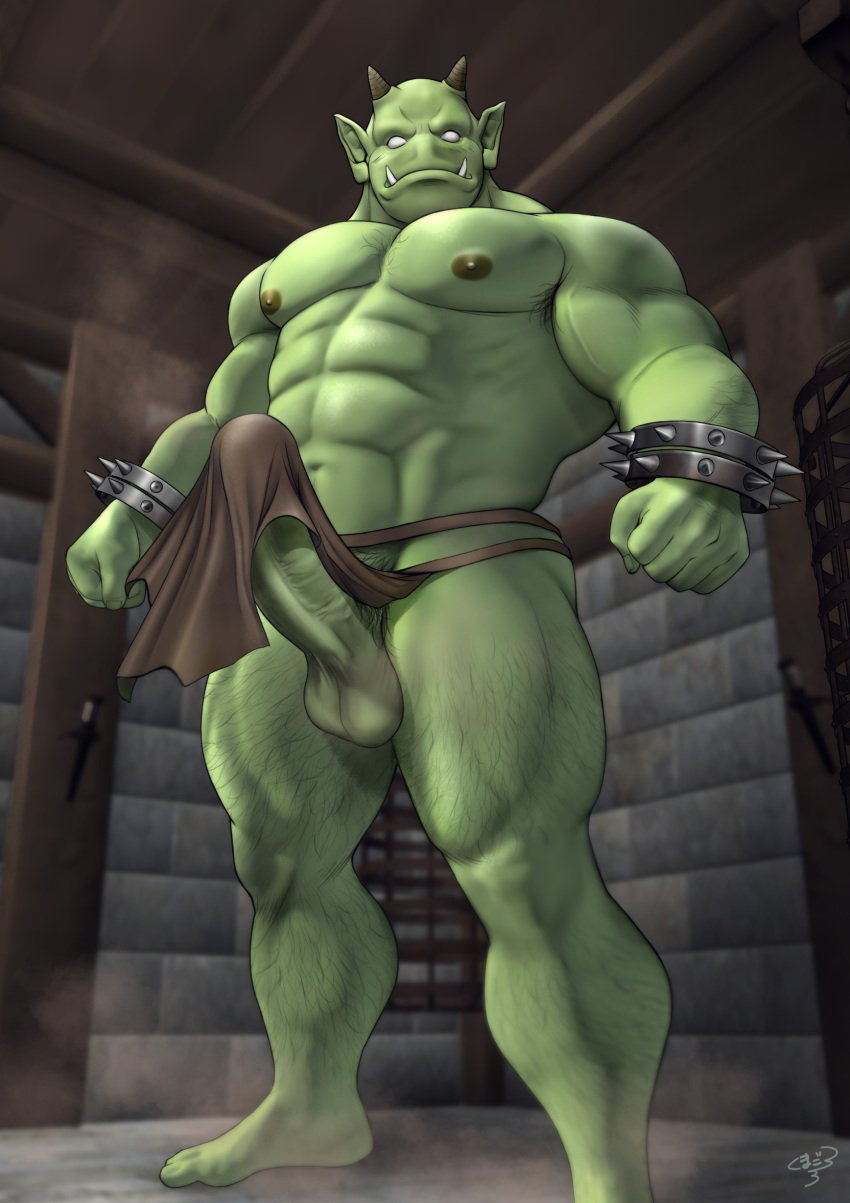 2022 abs absurd_res armpit_hair balls barazoku big_penis body_hair bottomwear bracelet chest_hair clothing empty_eyes erection genitals green_body green_skin hi_res horn humanoid jewelry kumagorow leg_hair loincloth male male_only muscular muscular_male nipples noseless orc pecs penis solo spiked_bracelet spikes tusks