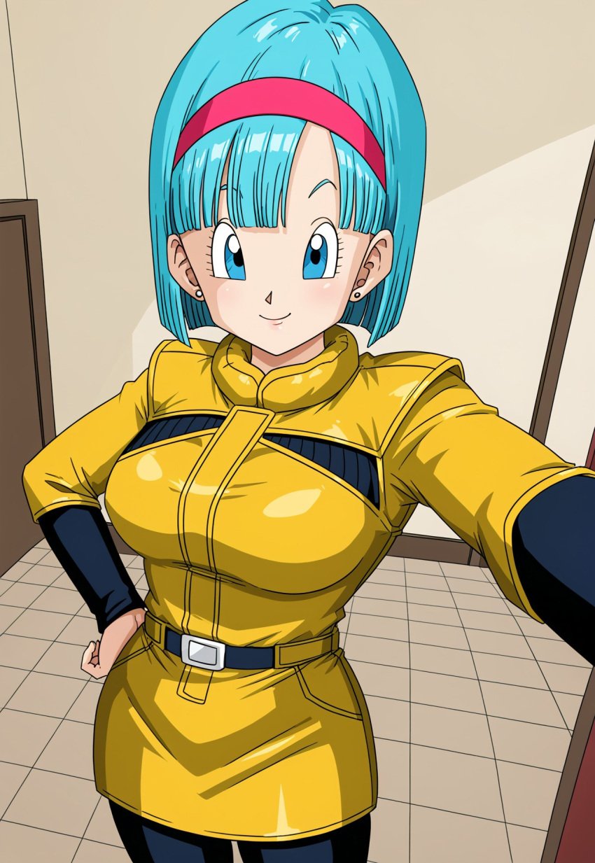 ai_generated big_breasts blue_eyes blue_hair bob_cut bodysuit bulma_briefs bulma_briefs_(frieza_saga) civitai dragon_ball dragon_ball_z hairband jumpsuit large_breasts pink_hairband smile straight_hair yellow_jumpsuit