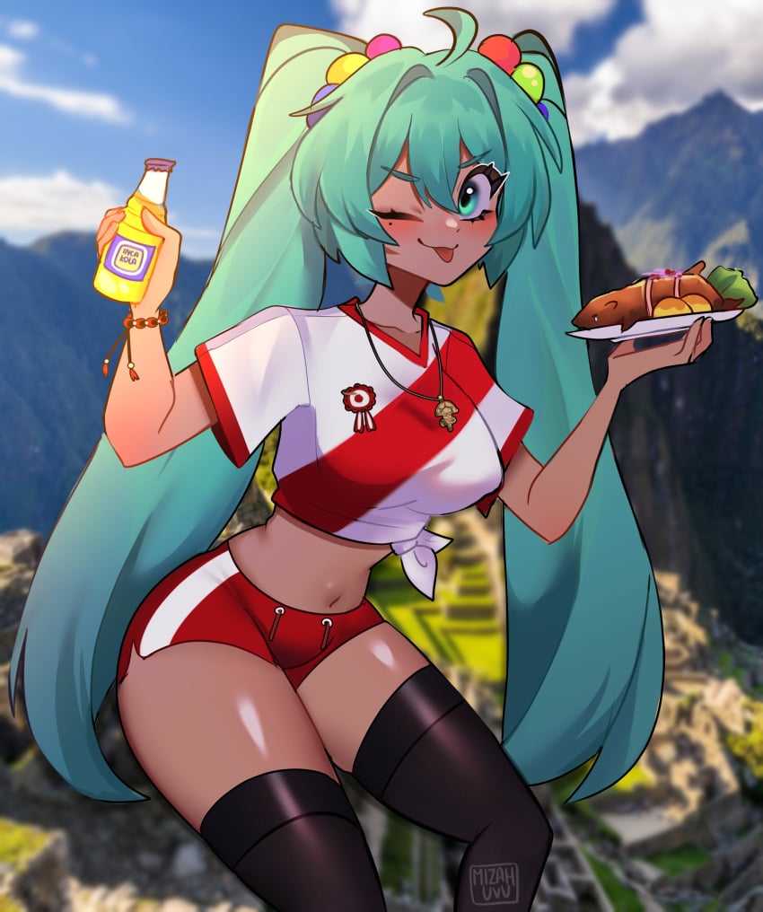 28_de_julio_(fiestas_patrias) asian_latina big_thighs black_body breasts dark-skinned_female federacion_peruana_del_futbol hatsune_miku inca_kola latin_american_hatsune_miku_(meme) legs mizah national_personification peruvian peruvian_female peruvian_miku shorts smile vocaloid