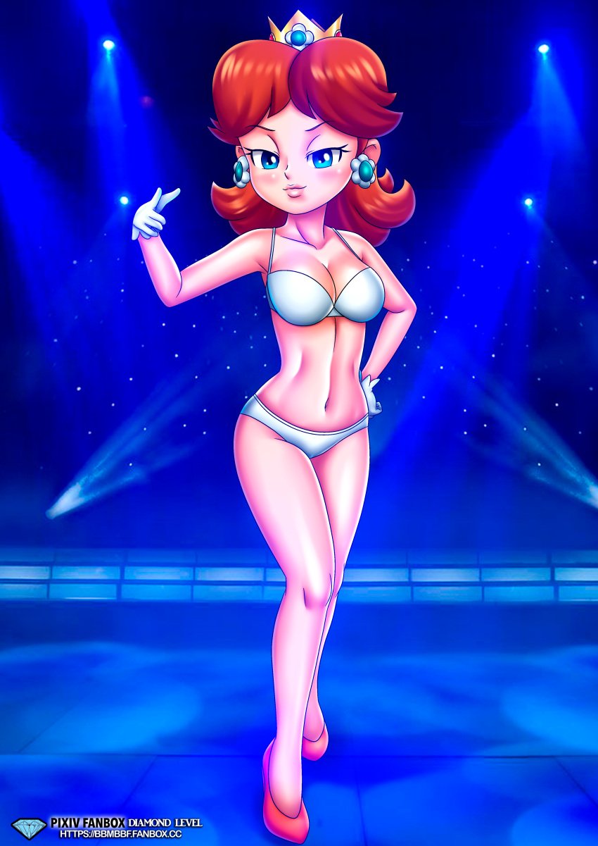 1girls bbmbbf blush bra breasts diamond_level female female_only gloves heels high_heels looking_at_viewer mario_(series) navel nintendo palcomix pietros_secret_club princess_daisy solo underwear