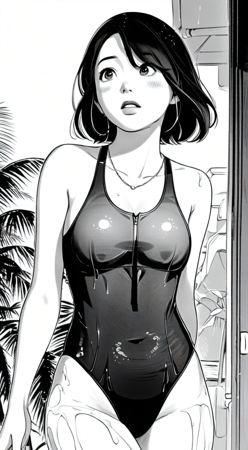 black_and_white cum cum_in_body cum_in_breasts cum_on_legs drenched_in_cum earrings female female_focus female_only manga_style milf short_hair swimsuit