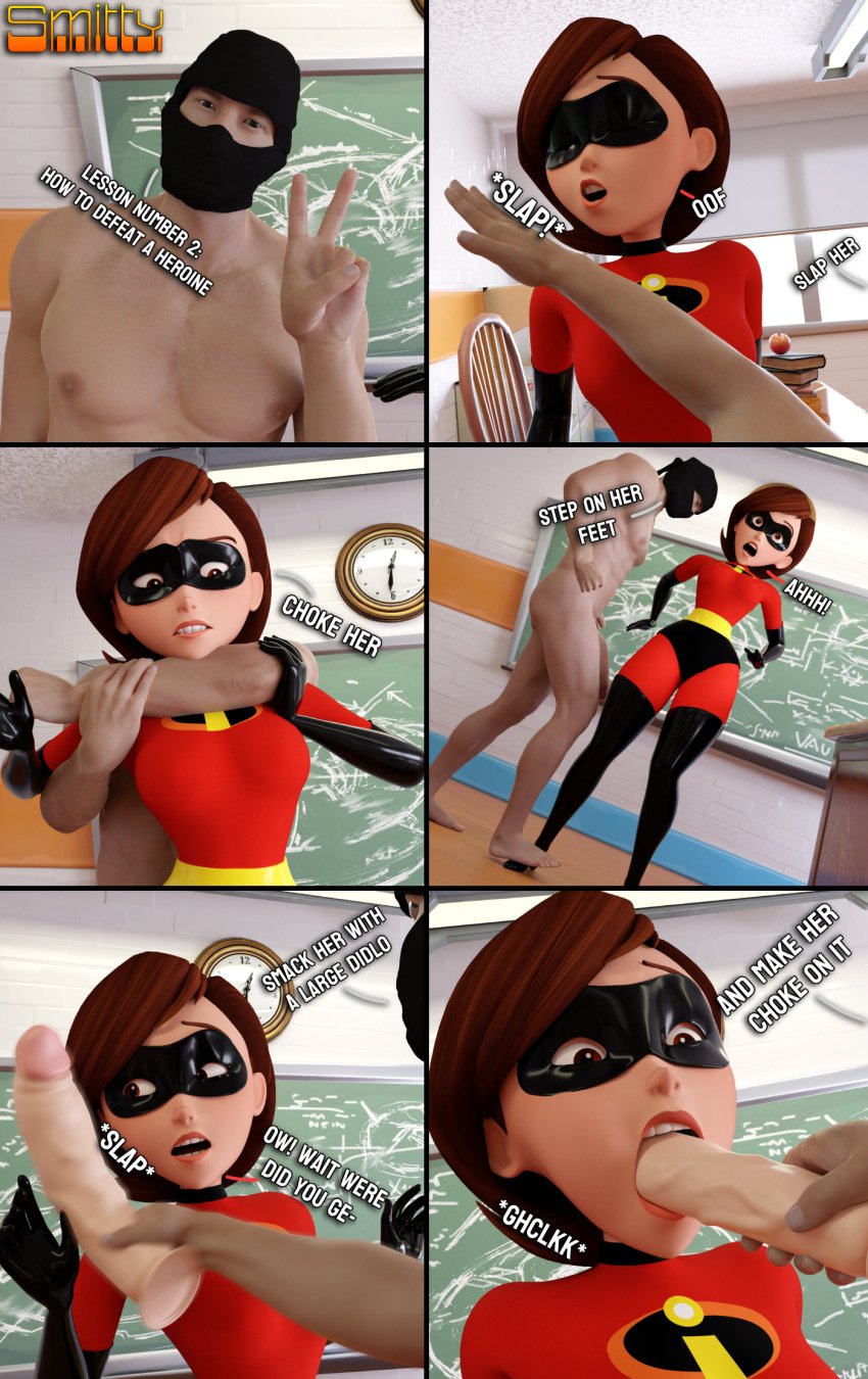 1boy 1girls anonymous_character anonymous_male balls big_balls big_penis brown_hair choke_hold choker choking comic comic_page comic_panel dildo dildo_in_mouth disney elastigirl faceless_character faceless_male helen_parr huge_cock large_penis looking_at_viewer mask masked masked_female penis pixar short_hair short_hair_female slap slapping smack smitty34 stepped_on stepping_on_foot superhero superheroine tagme talking_to_viewer testicles the_incredibles