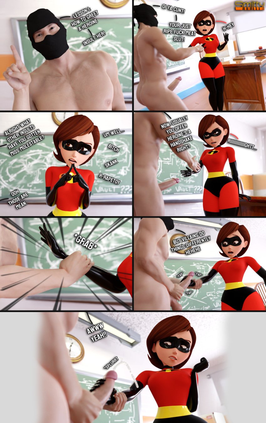 1boy 1girls anonymous_character anonymous_male balls big_balls big_penis brown_hair comic comic_page comic_panel cum cumshot disney elastigirl faceless_character faceless_male forced_handjob forcing grabbing grabbing_arm hand_on_penis handjob helen_parr huge_cock large_penis looking_at_viewer mask masked masked_female penis pixar short_hair short_hair_female smitty34 superhero superheroine tagme talking_to_viewer testicles the_incredibles