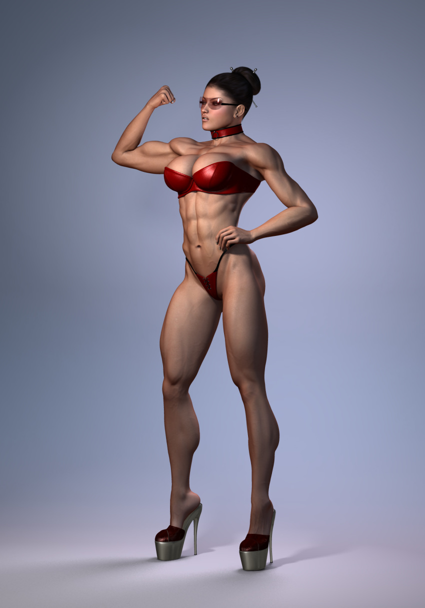 1girls 3d abs alternate_version_available artist_name balakir bare_shoulders big_breasts black_hair busty choker cleavage curvy detailed_background ear_piercing earrings female female_only flexing front_view glasses hair_bun hand_on_hip hands_on_hip hands_on_hips high_heels hourglass_figure human lingerie midriff muscle muscular muscular_female original_character piercing pose posing shiny shiny_skin solo spread_legs spreading standing sunglasses thick_thighs thong tinted_eyewear voluptuous wide_hips