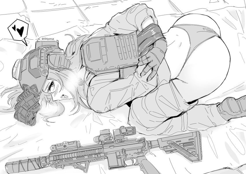 1girls ass ass_focus ass_up assault_rifle breath clothing detailed duct_tape female firearm gun h&k_hk416 heckler_&_koch helmet hk-416 hogtie horny horny_female human inviting inviting_to_sex military military_uniform modded_hk-416 monochrome night_vision_goggles not_ai_generated nvg original pale_skin rifle shiyorua shiyorua_(vtuber) solo solo_female solo_focus tactical tactical_clothes tactical_gear tactical_gloves tactical_vest tacticool tied_up top-down_bottom-up virtual_youtuber weapon