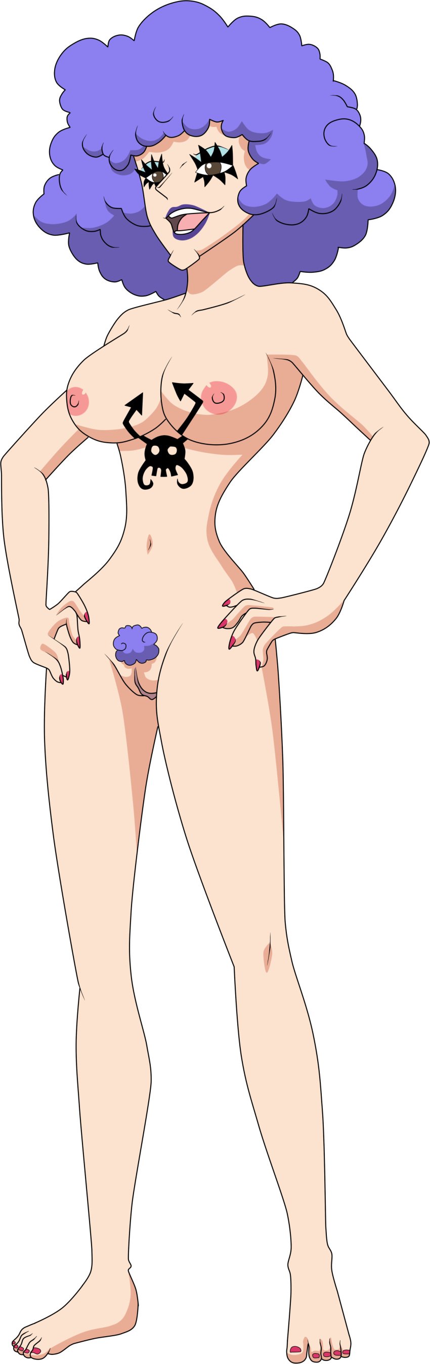 breast_tattoo chest_tattoo emporio_ivankov eye_makeup female female_only female_version hands_on_hips lionprideart nude nude_female one_piece pointy_chin pointy_nails purple_hair_female purple_pubic_hair red_nail_polish tattoo transparent_background