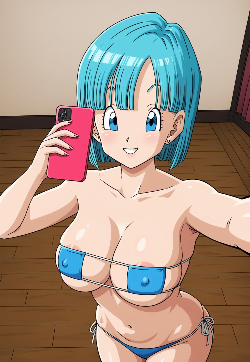 ai_generated big_breasts bikini blue_eyes blue_hair bob_cut bulma_briefs bulma_briefs_(frieza_saga) civitai dragon_ball dragon_ball_z eyepatch_bikini hard_nipples holding_object holding_phone large_breasts nipple_slip nipples object_in_hand see-through_bikini see-through_clothing selfie selfie_pose smartphone smile straight_hair