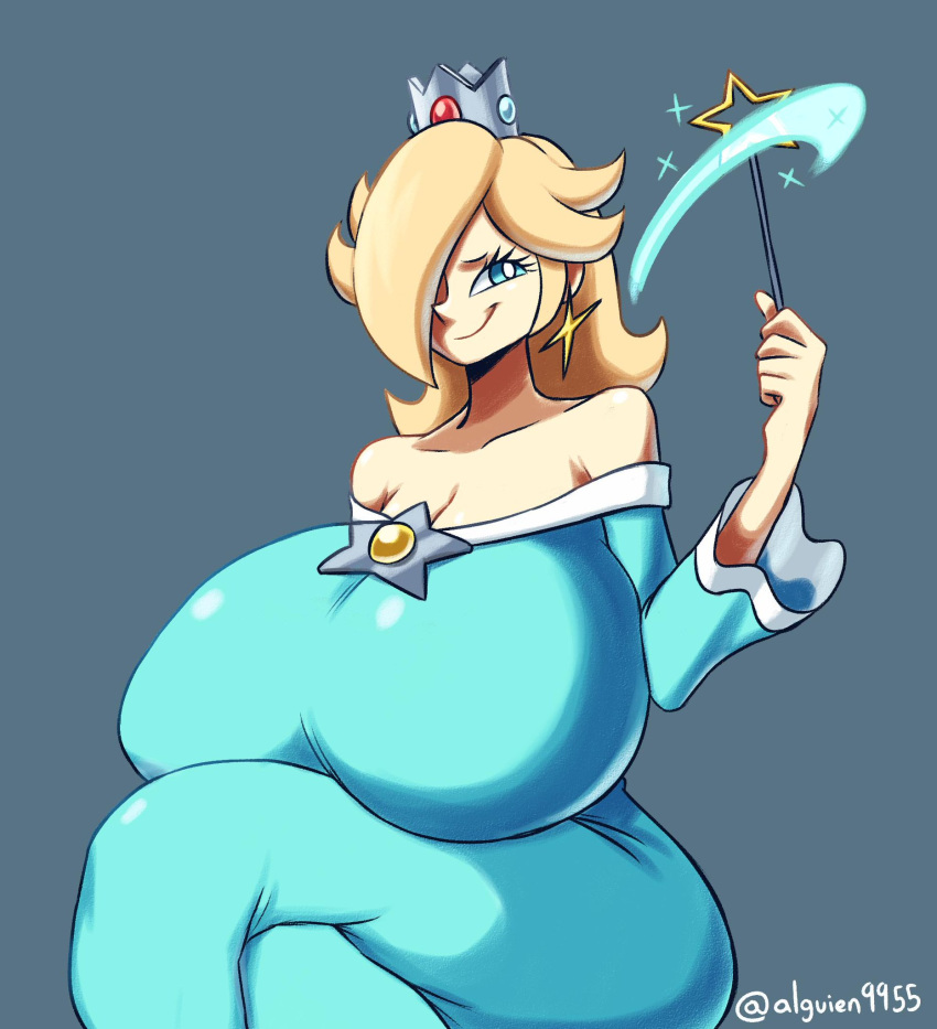 1girls artist_name bare_shoulders blonde_hair blue_background blue_dress blue_eyes breasts clavicle cleavage collar_bone crossed_legs crown cyan_dress dress earrings gigantic_breasts hair_over_one_eye hyper_breasts jewelry legs_crossed magic mario_(series) mralguienynadie nintendo nude_request off_shoulder princess princess_rosalina simple_background sitting smile smirk smug super_mario_galaxy thick_thighs thighs voluptuous wand wide_sleeves