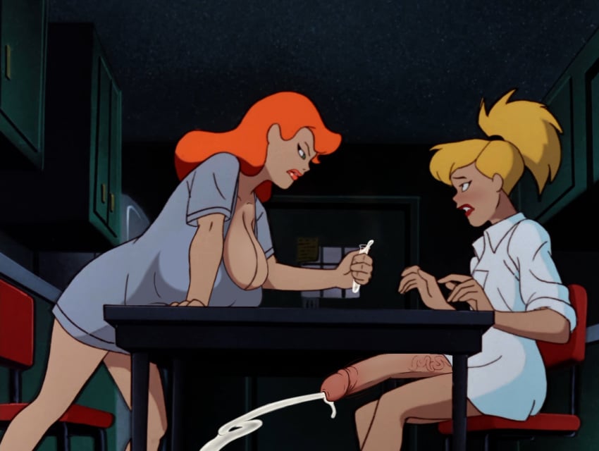 1futa 1girls alternate_breast_size angry batman:_the_animated_series batman_(series) big_breasts big_penis biting_lip blonde_hair blue_eyes blush breasts canonical_scene cartoon_network chair cleavage clothes clothing cum cumming dc_comics dcau dickgirl dr._harleen_quinzel edit ejaculation erect_penis erection female futa_with_female futanari giant_penis harleen_quinzel harley_quinn huge_breasts inside intersex leaning leaning_forward leaning_on_object lipstick long_penis looking_at_another penis poison_ivy poison_ivy_(dcau) ponytail red_hair screenshot screenshot_edit semen sitting table test_tube under_the_table veiny_penis yetig