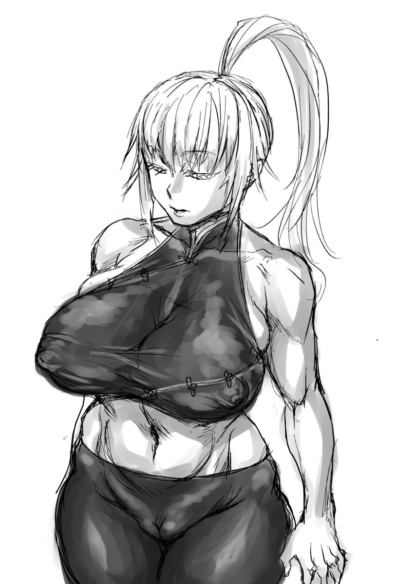 big_breasts cameltoe chinese_clothes crop_top deusa erect_nipples erect_nipples_under_clothes fei_wangfang female female_only genderswap_(mtf) huge_breasts kengan_(series) kengan_omega long_hair monochrome nipple_bulge ponytail rough_sketch rule_63 sketch solo thick_thighs wide_hips