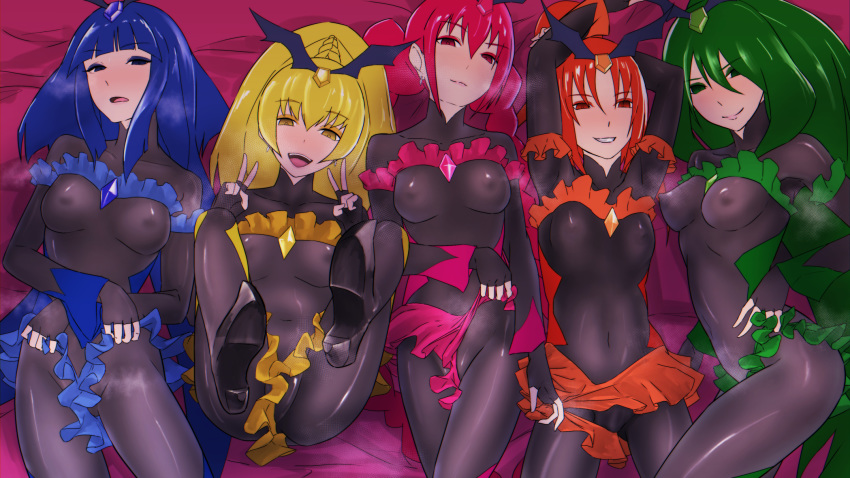 5girls bad_end_beauty bad_end_happy bad_end_march bad_end_peace bad_end_precure bad_end_sunny black_bodysuit bodysuit clothing dark_magical_girl dark_persona erect_nipples erect_nipples_under_clothes female female_only flat_chest group jpeg lying magical_girl multiple_girls nishi_tagame precure pretty_cure shiny_clothes small_breasts smile smile_precure villain