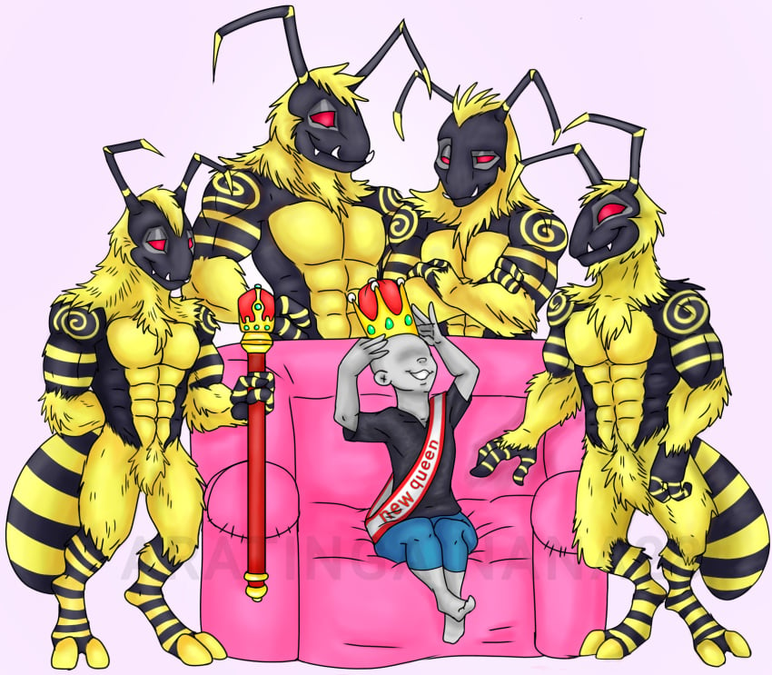 anonymous_character anthro_bee anthro_bug anthro_on_female anthro_on_human bara bee bug feral_on_female feral_on_human furry furry_male gangbang gay insect_humanoid insect_on_female insects