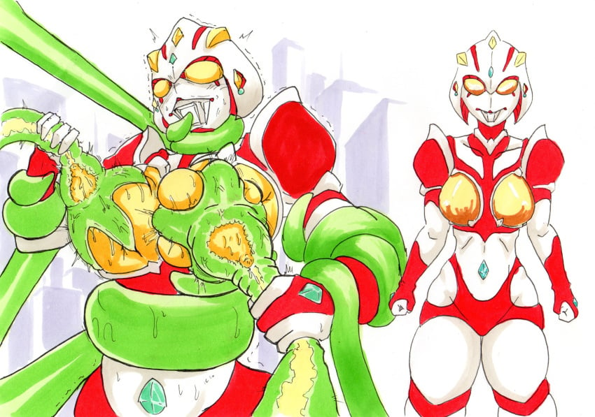 alien alien_girl alien_humanoid artist_request before_and_after building female female_focus giant giant_ass giant_breasts giantess instant_loss large_breasts milking milking_tentacles original original_character sucking sucking_nipples tentacle tentacle_sucking_breasts thick_ass thick_thighs ultraman_(franchise)