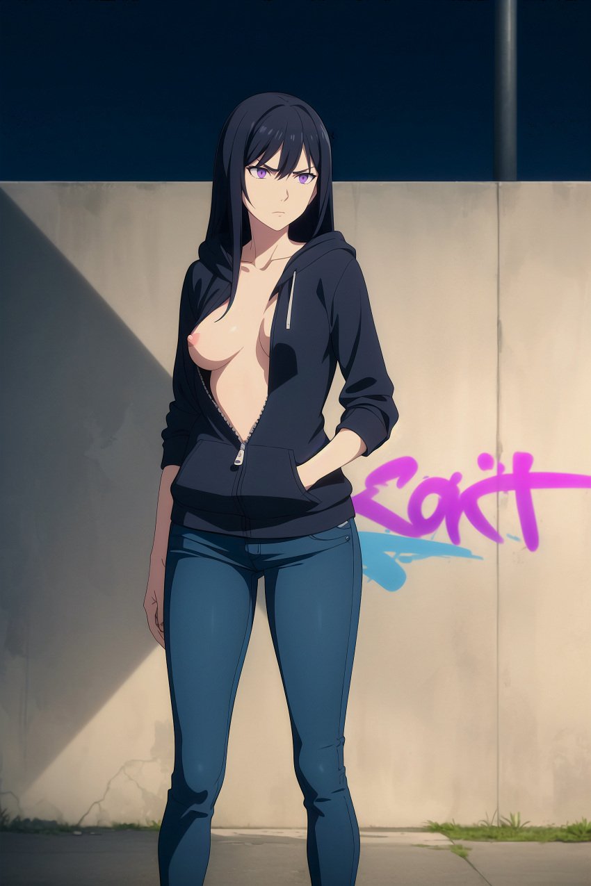 1girls ai_generated alley black_hair breasts concrete_wall female graffiti hand_in_pocket hi_res highres hoodie jeans long_hair nighttime nipples original_character outdoors pixai purple_eyes serious skinny_jeans solo standing unzipped unzipped_hoodie