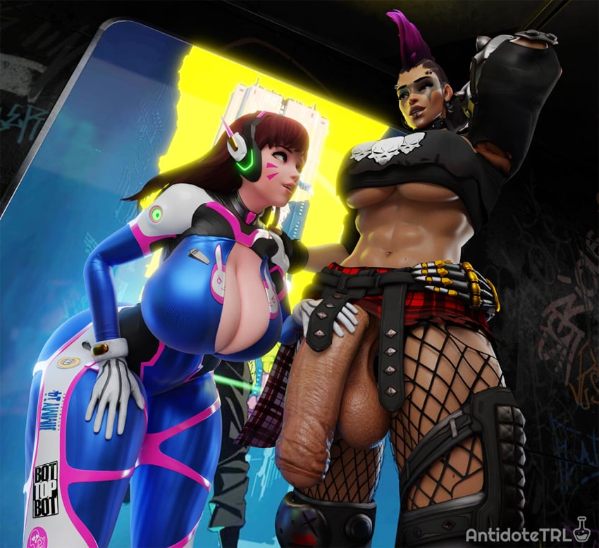 1futa 1girl1futa 1girls 3d 3d_(artwork) alternate_breast_size antidotetrl d.va futa_on_female futanari huge_breasts huge_cock hyper junker_queen muscles overwatch penis_out self_upload size_difference underboob voluptuous_female