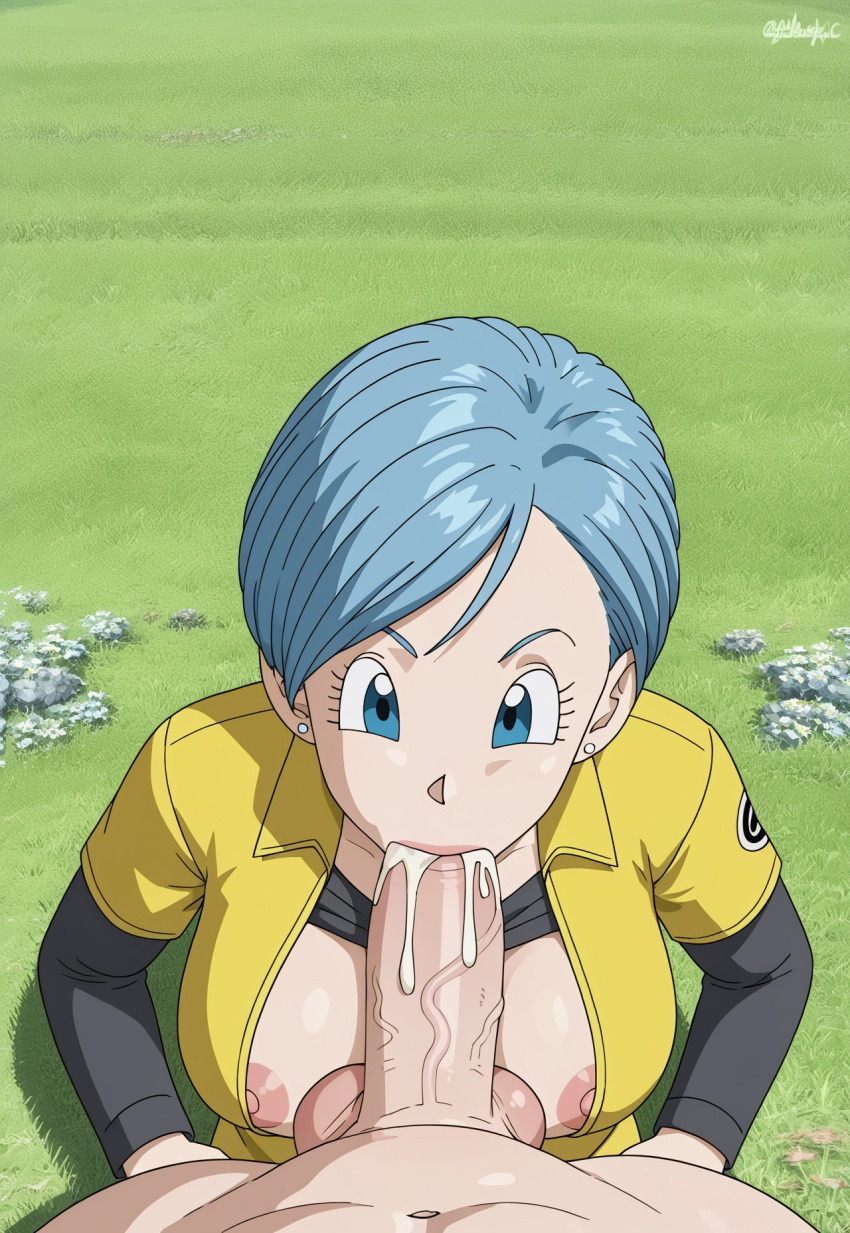 1boy ai_generated big_breasts blowjob blue_eyes blue_hair bodysuit bulma_briefs civitai cum cum_on_penis dragon_ball dragon_ball_super dragon_ball_super_super_hero fellatio female huge_cock jumpsuit kneeling large_breasts nipple_slip nipples penis pov pov_blowjob short_hair yellow_jumpsuit