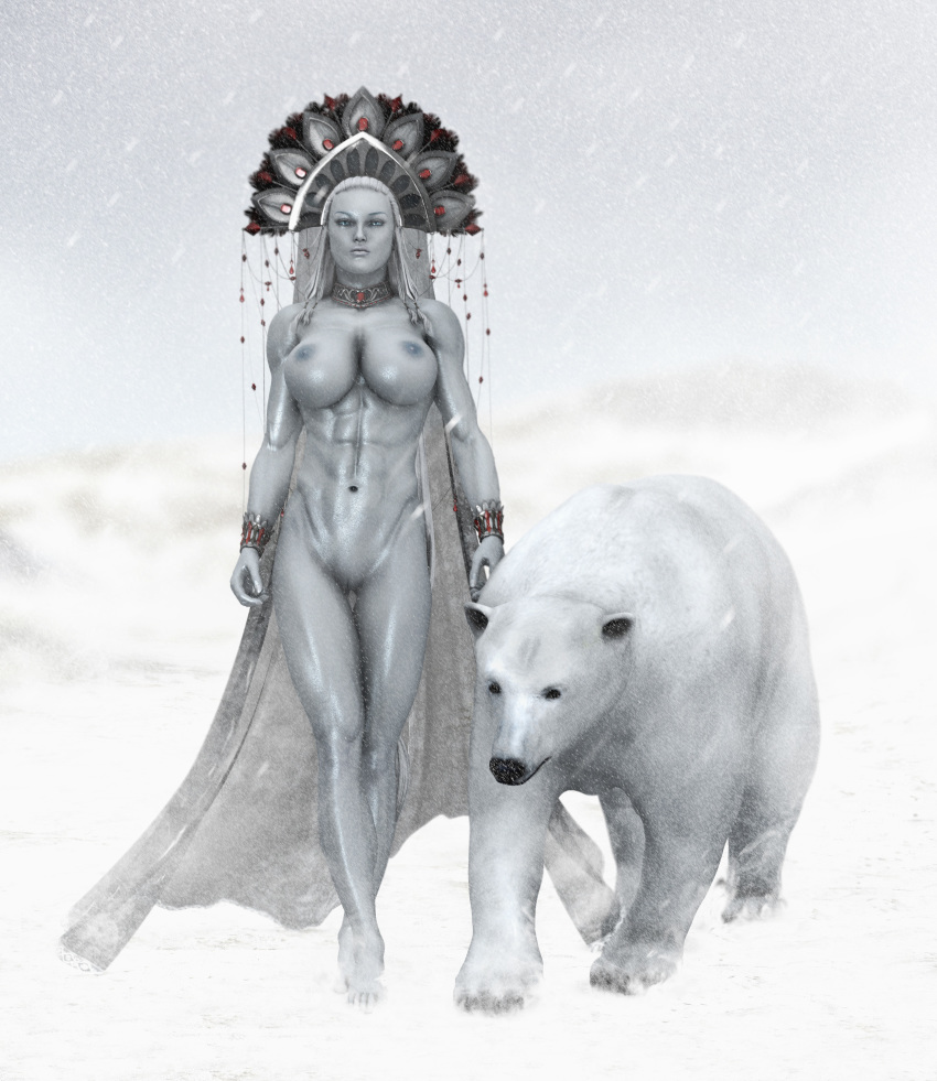 1girls 3d abs all_fours balakir bare_shoulders barefoot big_breasts blue_eyes bracer busty choker cleavage curvy detailed_background erect_nipple erect_nipples eyelashes eyeliner female front_view headgear hourglass_figure huge_breasts humanoid long_hair looking_at_viewer muscles muscular muscular_female naked naughty_face necklace nude original_character outdoors outside polar_bear pose posing seductive shaved_pussy shiny shiny_skin snow standing thick_thighs voluptuous white_hair white_skin wide_hips