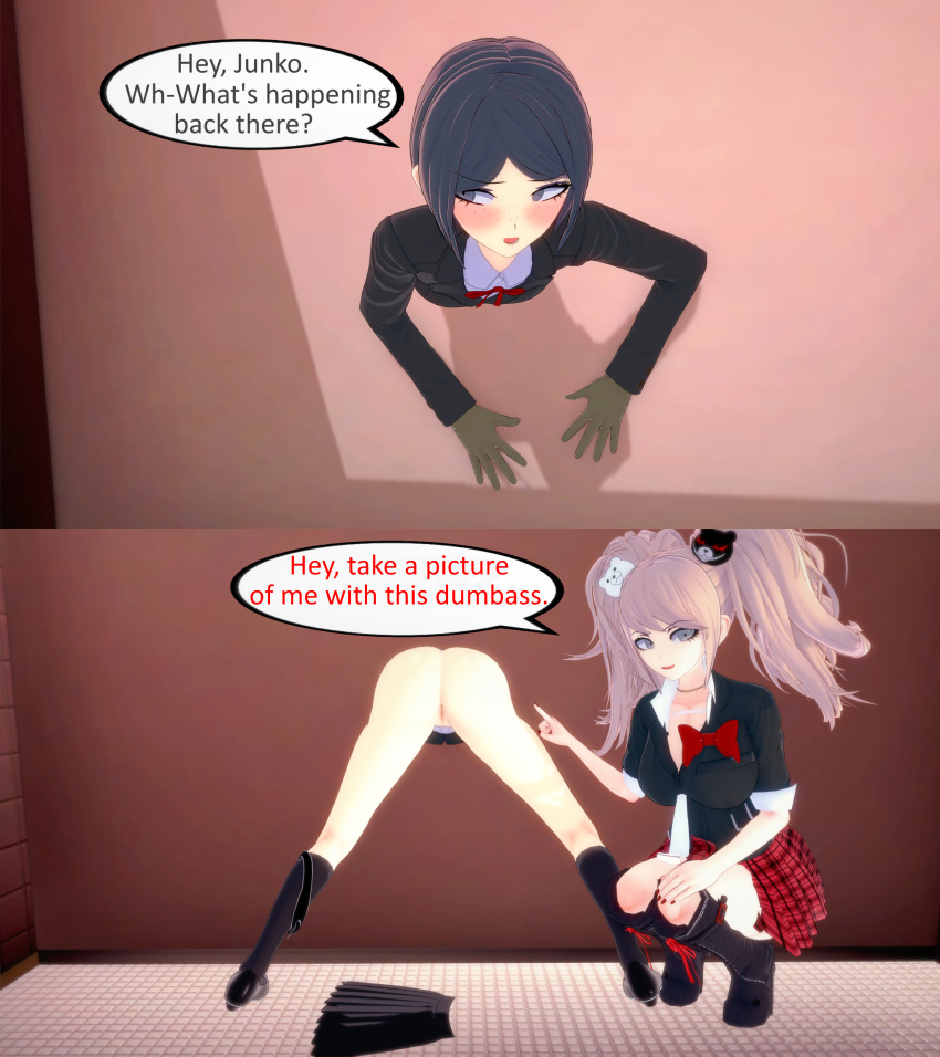 2girls 3d ass blush bottomless danganronpa female femsub gloves humiliation junko_enoshima koikatsu large_breasts legs long_hair mukuro_ikusaba panties_around_one_leg pussy school_uniform shoes skirt socks spread_legs stuck_in_wall through_wall ultimateenf