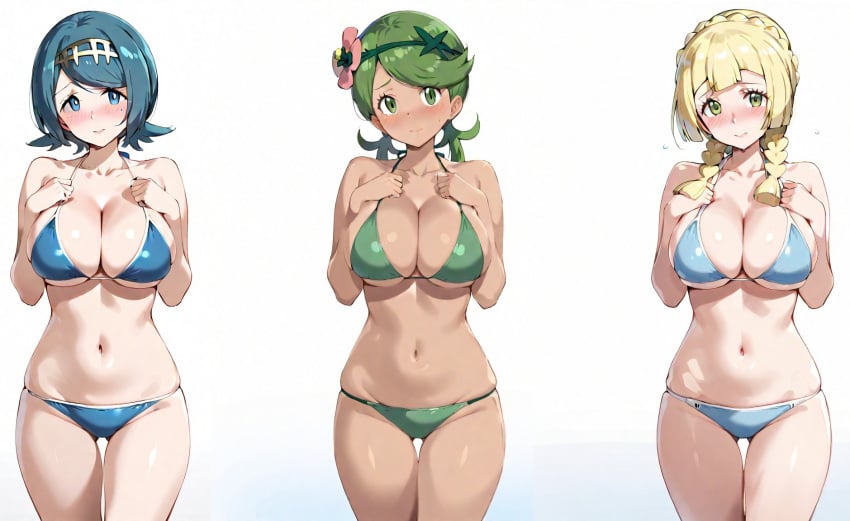 ai_generated bikini blonde_hair blue_hair dark-skinned_female green_hair huge_breasts lana_(pokemon) large_breasts lillie_(pokemon) mallow_(pokemon) pokemon pokemon_sm shy white_background