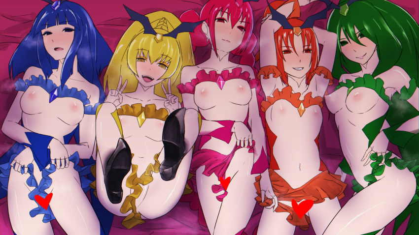 5girls bad_end_beauty bad_end_happy bad_end_march bad_end_peace bad_end_precure bad_end_sunny breasts breasts_out censored dark_magical_girl dark_persona female_only flat_chest group lying magical_girl multiple_girls naked nishi_tagame precure pretty_cure small_breasts smile smile_precure villain