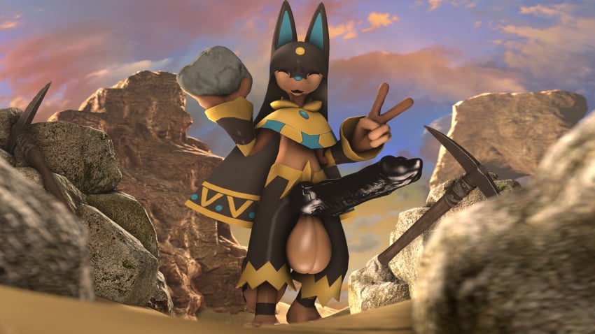 16:9 2024 3d_(artwork) aceydrgn anthro anubis_(pal) balls big_balls big_penis black_penis closed_eyes cloud detailed_background digital_media_(artwork) erection genitals gesture hand_gesture hi_res holding_object holding_rock huge_balls huge_cock hyper hyper_genitalia hyper_penis knot knotted_penis male male_anthro outside pal_(species) palworld penis pickaxe pocketpair rock semi-anthro sky solo source_filmmaker_(artwork) v_sign vein veiny_penis widescreen