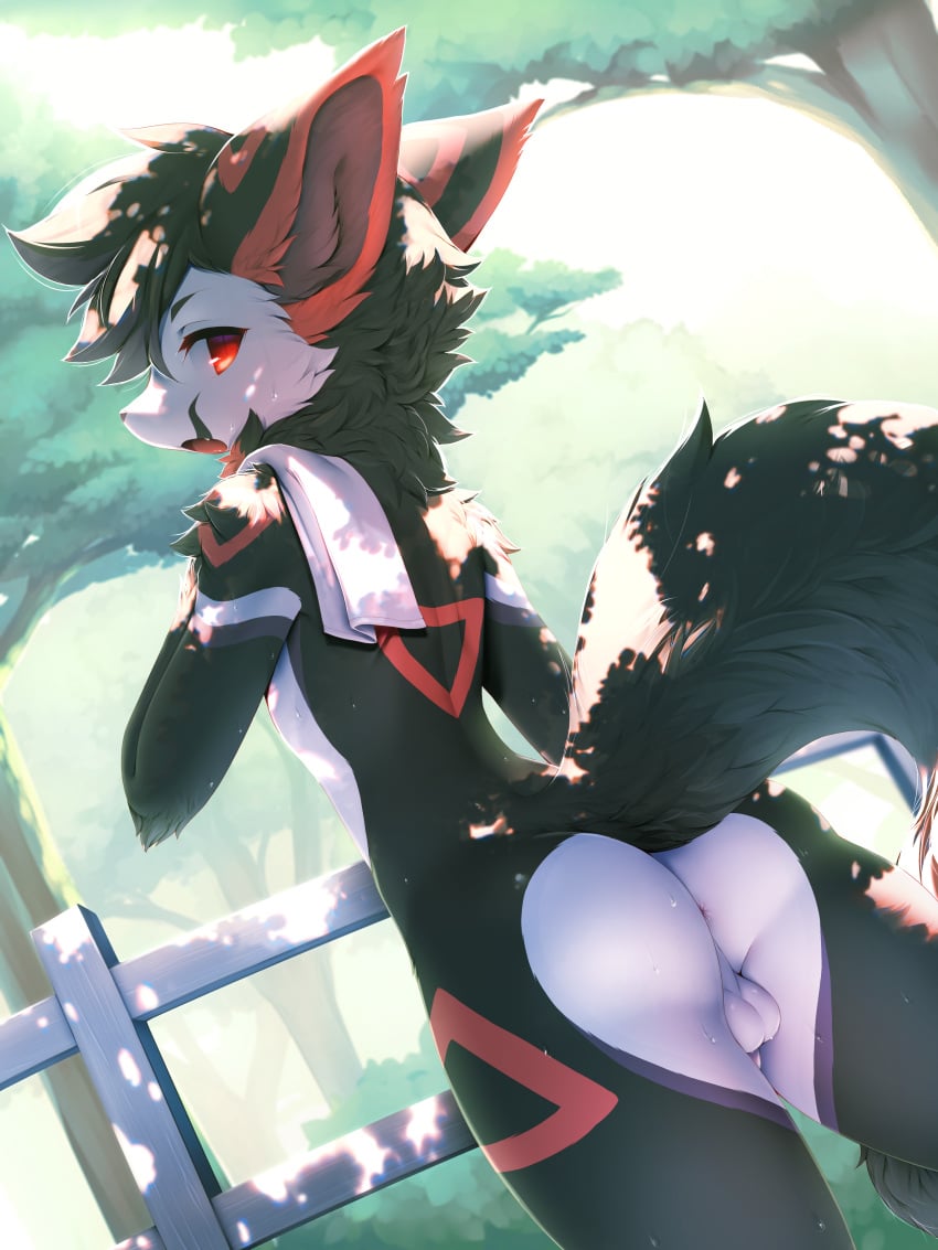 absurd_res anus ass backsack balls black_body black_fur black_hair black_nose black_tail bodily_fluids canid canine cheek_tuft conditional_dnp crunchobar facial_tuft fence fennec fox fur genitals hair hi_res inner_ear_fluff kemono looking_at_viewer male male_only mammal no_humans nude open_mouth outside penis plant pupils rear_view red_body red_eyes red_fur slit_pupils solo solo_male sweat towel towel_on_shoulder tree tuft v-0-1-d white_body white_fur