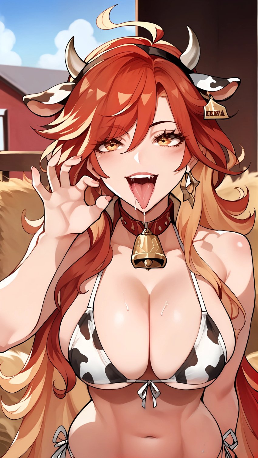 ai_generated bikini cow_girl fellatio_gesture genshin_impact huge_breasts mavuika_(genshin_impact) sexy_waifus thiccwithaq_(ai_style)