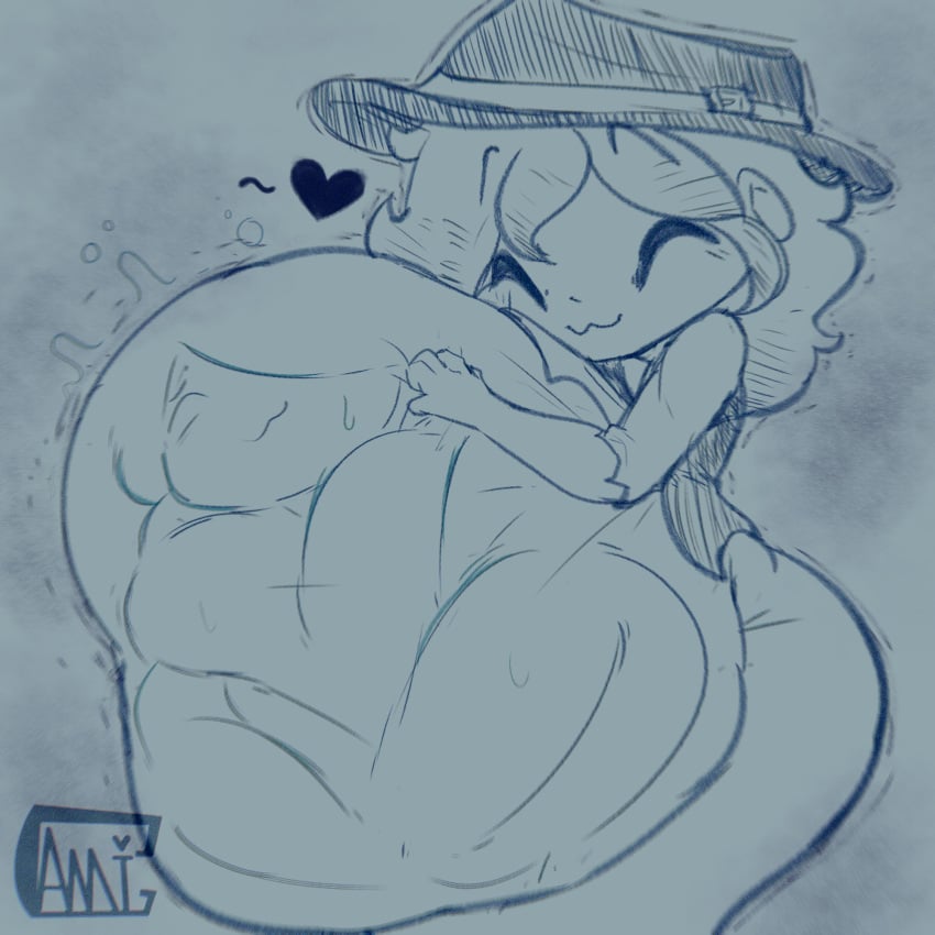 anthro belly_hugging belly_imprints big_belly camigz cowboy cute external_view female_prey femboy femboy_ghost heart hugging male_pred oc original_character safe_vore shortstack size_difference sketch soft_vore thick vore wholesome wholesome_vore wide_hips willing_prey