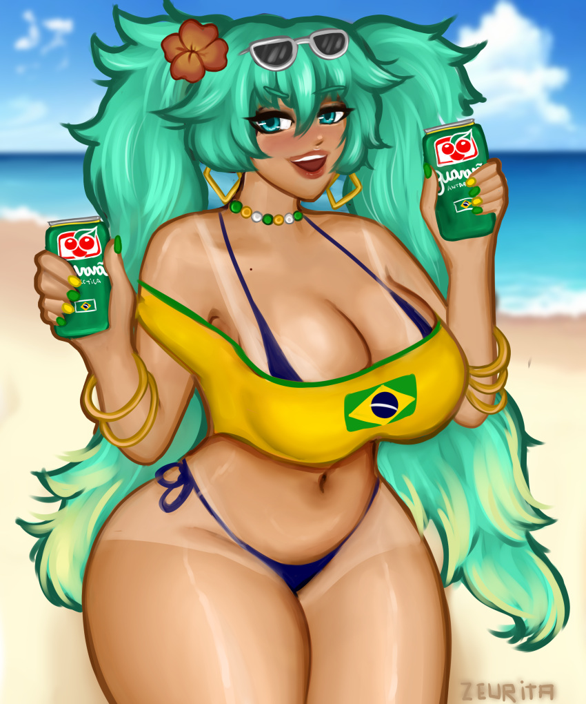 1girls beach big_breasts big_thighs bikini brazil brazilian brazilian_female brazilian_miku female female_only hatsune_miku latin_american_hatsune_miku_(meme) smiling smiling_at_viewer tan_body tan_lines tanned tanned_skin underwear vocaloid zeurita