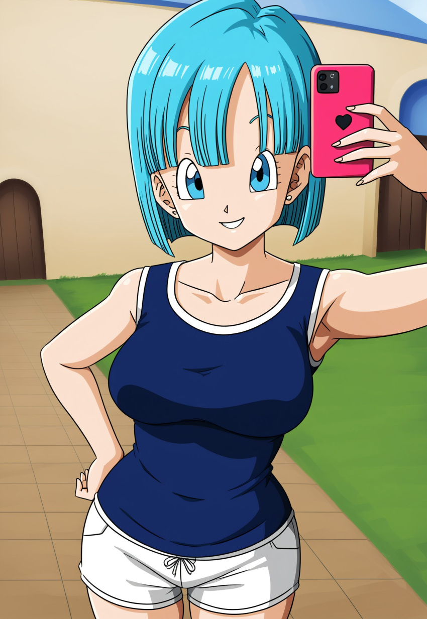 ai_generated big_breasts blue_eyes blue_hair bob_cut bulma_briefs bulma_briefs_(frieza_saga) civitai dolphin_shorts dragon_ball dragon_ball_z holding_object holding_phone large_breasts object_in_hand selfie selfie_pose shorts smartphone smile straight_hair tank_top tanktop