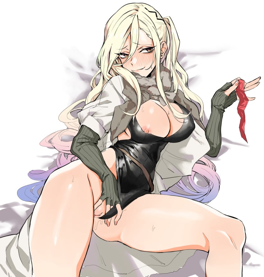 a-91_(girls_frontine) ass banssee belt blonde_hair blush breasts cleavage condom_packet_strip condom_wrapper eyelashes female fingerless_gloves girls'_frontline gloves hair_between_eyes highres leotard long_hair lying nipple_slip nipples on_side pussy smile solo sweat uncensored very_long_hair yellow_eyes