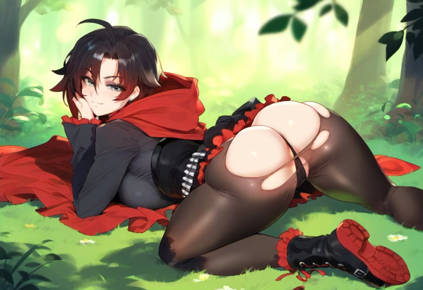 1girls ai_generated big_ass big_breasts bubble_butt cloak curvaceous_teen dumptruck_ass fat_ass fat_ass_teen female female_focus female_only forest forest_background grin hand_on_cheek hood looking_back medium_breasts pantyhose public ripped_clothing ripped_pantyhose ruby_rose rwby self_upload short_hair silver_eyes slutty_teenager smirk solo solo_female teenage_girl teenager thick_thighs voluptuous_teen