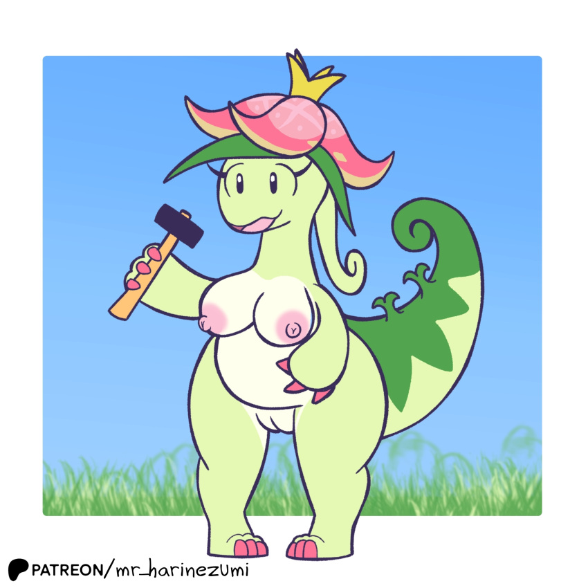 anthro areola belly big_breasts breasts dinosaur dinossom el_senor_erizo elemental_creature female flora_fauna genitals green_body hammer hi_res nipples nude overweight pal_(species) palworld plant pocketpair prehistoric_species pussy reptile scalie slightly_chubby smile solo tools