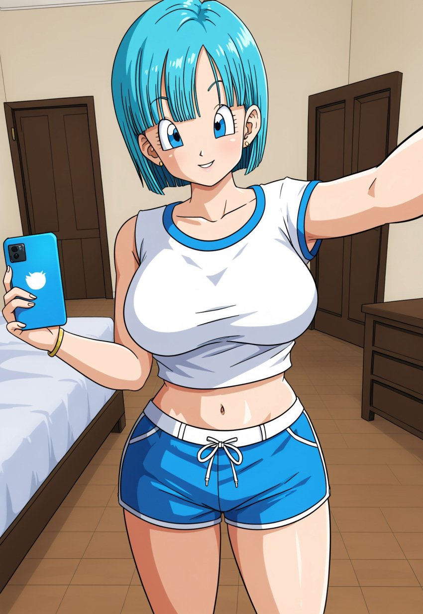 ai_generated big_breasts blue_eyes blue_hair bob_cut bulma_briefs bulma_briefs_(frieza_saga) civitai dolphin_shorts dragon_ball dragon_ball_z holding_object holding_phone large_breasts object_in_hand selfie selfie_pose shorts smartphone smile straight_hair tank_top tanktop