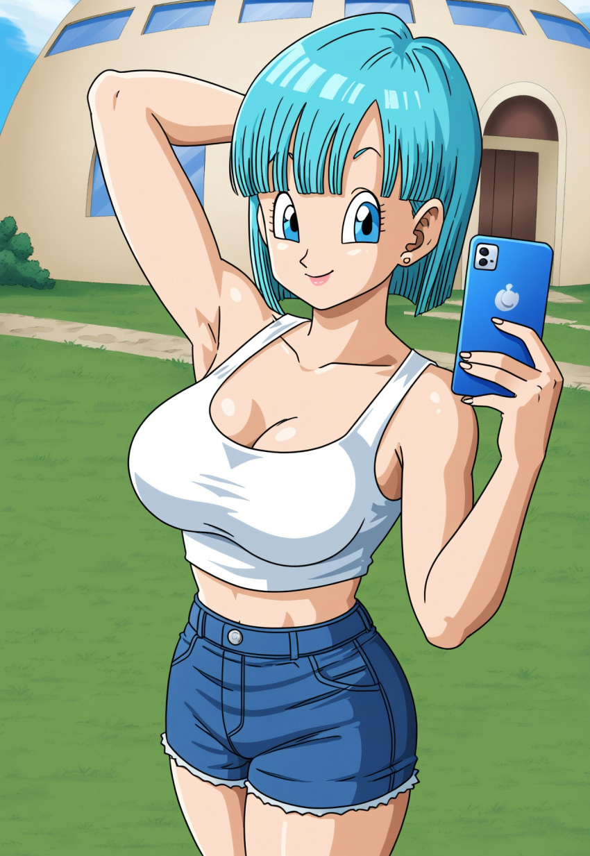 ai_generated big_breasts blue_eyes blue_hair bob_cut bulma_briefs bulma_briefs_(frieza_saga) civitai denim_shorts dragon_ball dragon_ball_z holding_object holding_phone large_breasts object_in_hand selfie selfie_pose shorts smartphone smile straight_hair tank_top tanktop