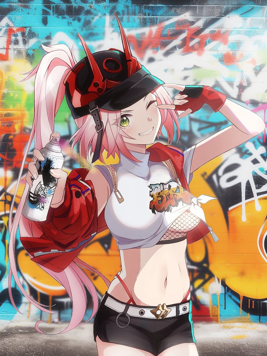 1girls aqua_eyes baseball_cap black_hat black_shorts blonde_hair booty_shorts breasts brick_wall can cowboy_shot crop_top exposed_midriff fake_horns female fingerless_gloves first_porn_of_character fishnet_top fishnets gloves graffiti green_eyes grin hat hat_horns highres holding holding_can honkai:_star_rail honkai_(series) horned_headwear horns hot_pants jacket large_breasts long_hair looking_at_viewer midriff navel nipple_slip one_eye_closed pink_hair ponytail rappa_(honkai:_star_rail) red_horns red_jacket saint_laurent_paris shirt short_shorts shorts sidelocks smile solo spray_can standing stomach underboob undershirt very_long_hair w wardrobe_malfunction white_shirt